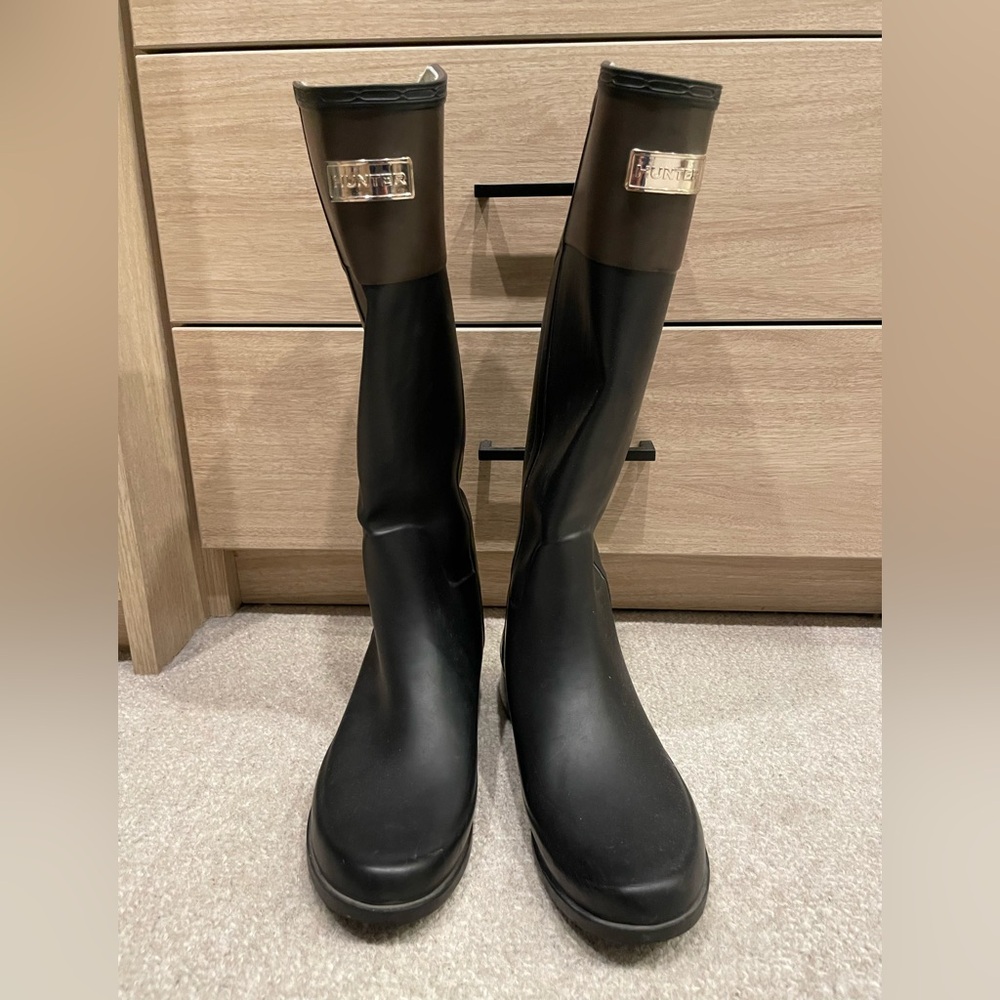 Hunter Refined Tall Rain boot:  Black/Brown Waterproof Boots with Matte Finish